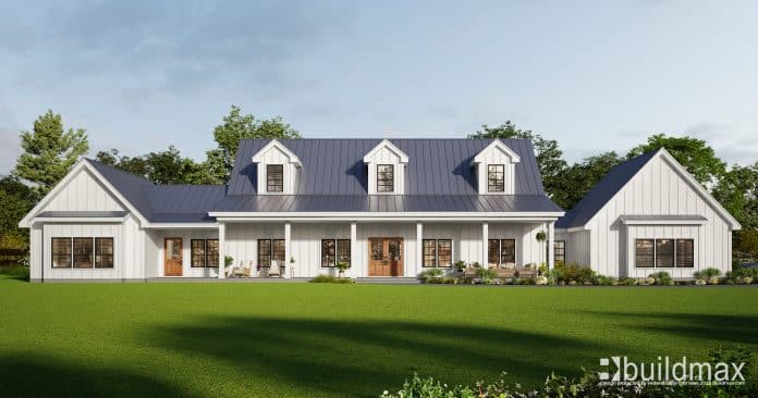 white modern farmhouse with grey roof and a porch