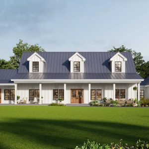 white modern farmhouse with grey roof and a porch